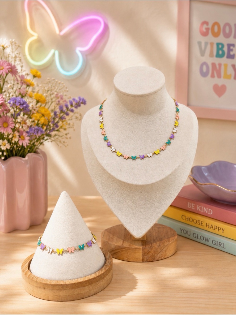 Colorful Butterfly Link Necklace and Bracelet Set - Multicolor